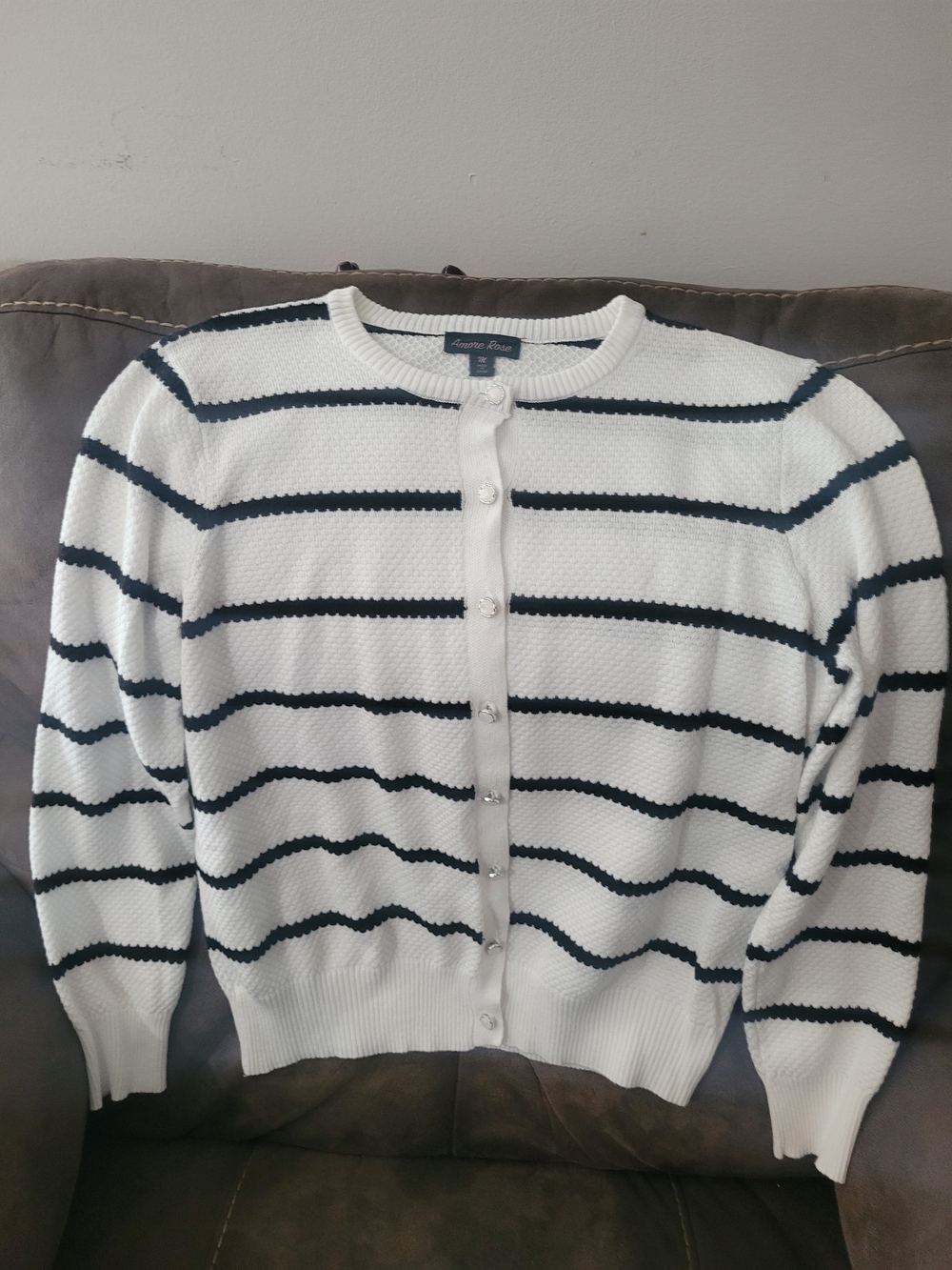 Charter Club White and Navy Striped Button Cardigan